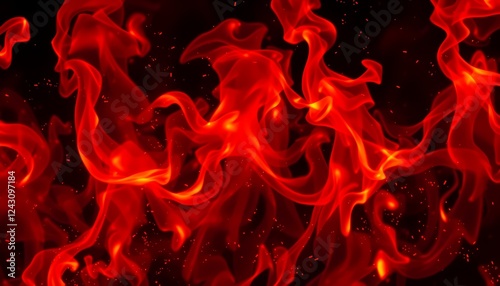 A dynamic and vibrant scene depicting swirling red and orange flames, with glowing sparks and a sense of motion, creating an intense and fiery atmosphere. The background is dark, enhancing the brightn