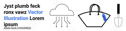 Cloud emitting data lines, tote bag with tag, and gardening trowel represent data sharing, shopping, and gardening. Ideal for e-commerce, cloud computing, gardening, retail technology minimalism