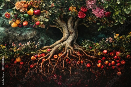 A painting of a tree with apples and flowers