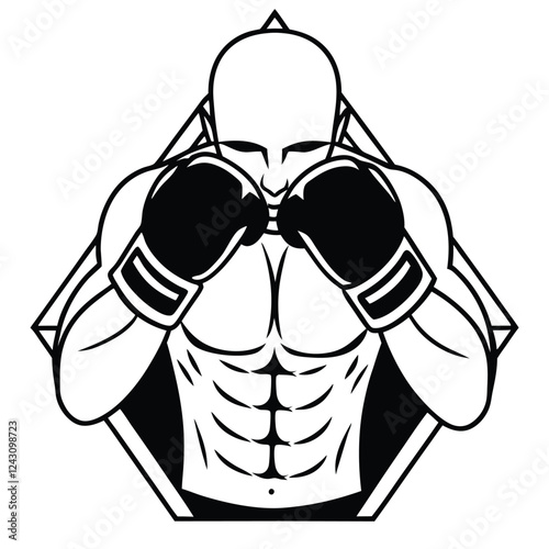 high-quality line-art illustration of a boxer in a fighting stance, wearing boxing gloves 