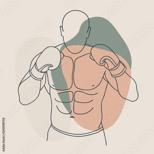 high-quality line-art illustration of a boxer in a fighting stance, wearing boxing gloves 