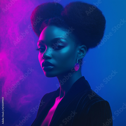 Stilvolles Beauty-Porträt einer eleganten Frau in Neonbeleuchtung. Minimalistisches Profil mit blau-violettem Farbverlauf und modernem Afro-Hairstyle photo