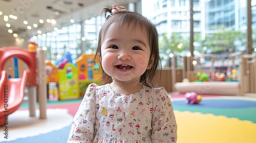 Adorable Happy Toddler Girl Playing at Indoor Playground. Joyful Moments of Child's Playtime photo