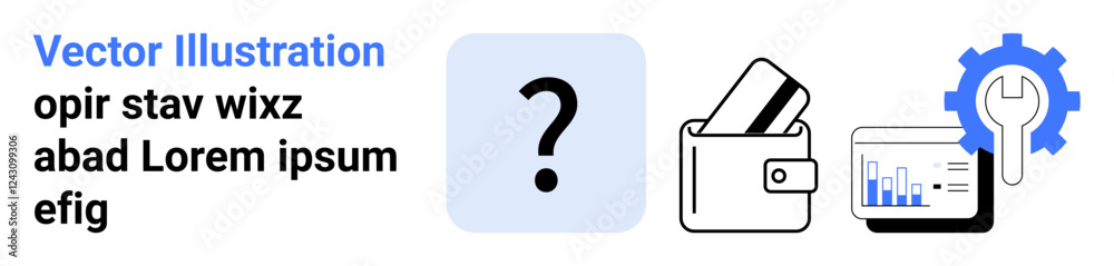 Question mark box, credit card in wallet, wrench over data chart. Ideal for finance, tools, services, support, financial planning web development business solutions. Landing page Question mark box, credit card in wallet, wrench over data chart. Ideal for finance, tools, services, support, financial planning web development business solutions. Landing page