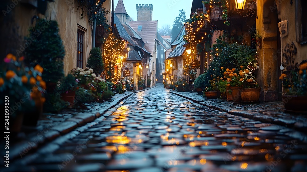 Obraz premium Charming historic cobblestone street in a picturesque European city with warm golden streetlights casting a soft glow creating a quiet and nostalgic ambiance