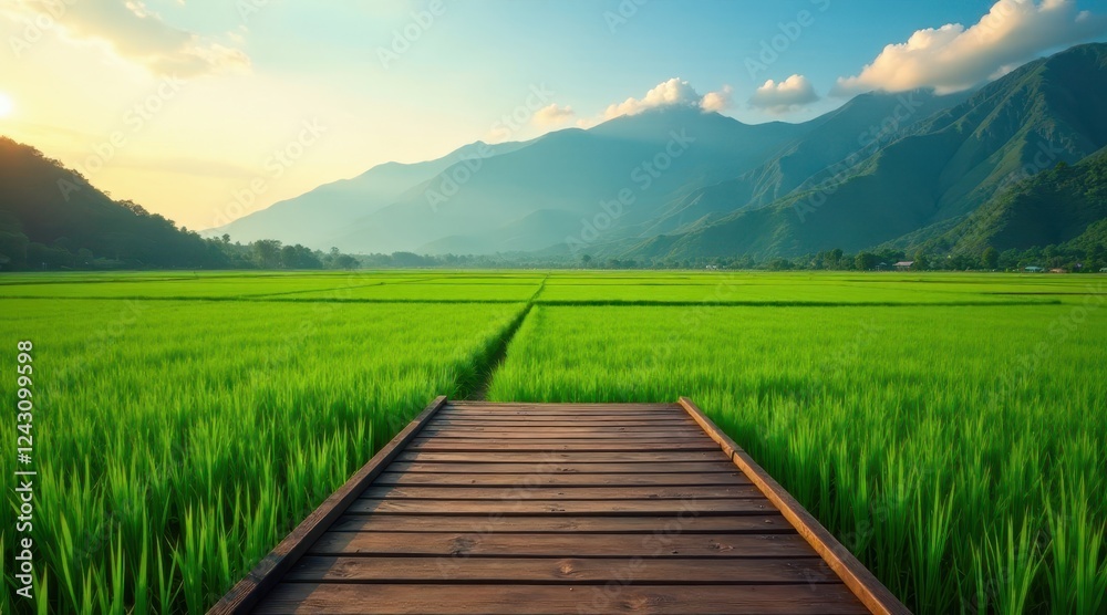 Fototapeta premium Serene Wooden Pathway Through Lush Green Rice Paddies Leading to Majestic Mountains Under a Tranquil Sunset Sky