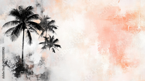 Abstract oil painting of palm tree silhouette against vibrant sunset.