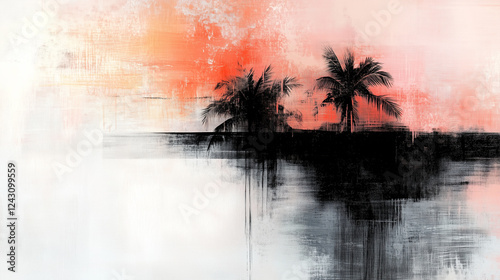 Abstract oil painting of palm tree silhouette against vibrant sunset.