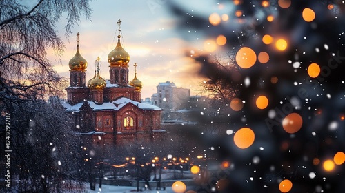 A photo of an Orthodox church in winter, with golden domes and a red roof, as snowflakes fall gently around it. The background is blurred with trees and buildings, creating depth.