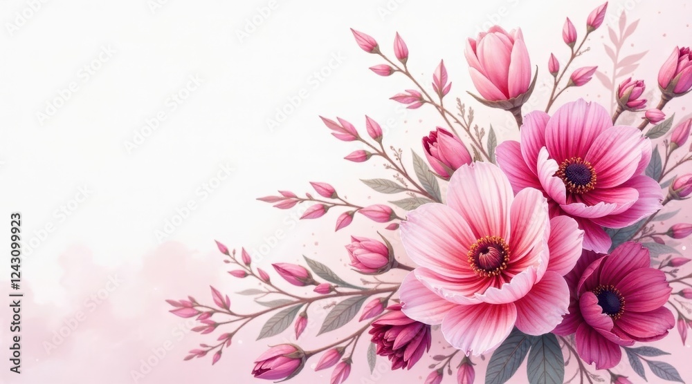 Obraz premium Delicate Pink Blooms and Buds Arranged in a Corner Composition with a Soft, Pastel Background