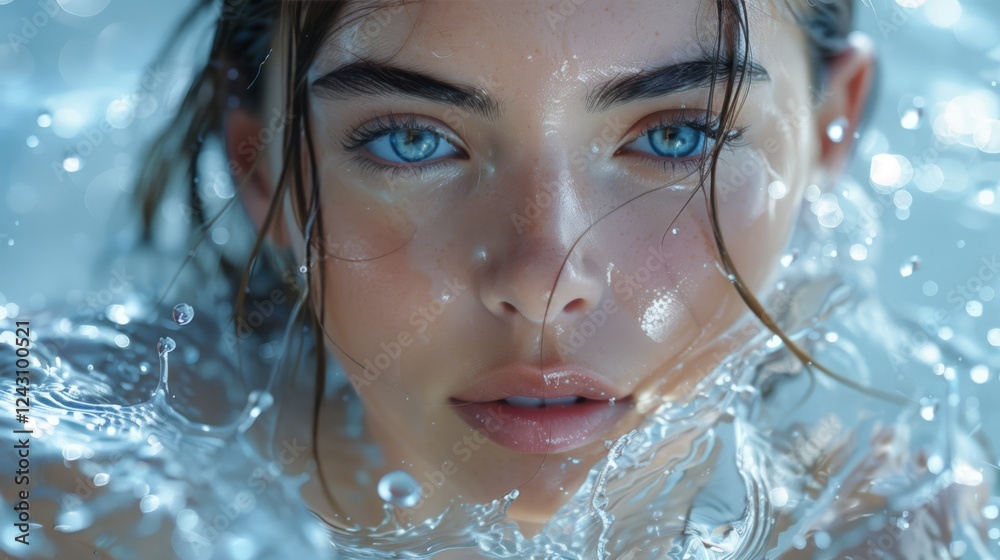 Close-up of a young woman with striking blue eyes and subtle freckles, immersed in water. Droplets and ripples surround her face, creating a reflective, sparkling effect Close-up of a young woman with striking blue eyes and subtle freckles, immersed in water. Droplets and ripples surround her face, creating a reflective, sparkling effect
