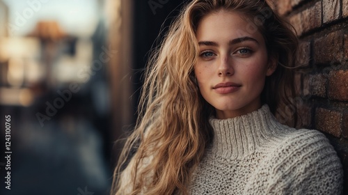 Woman in knit sweater against brick wall. Ideal for winter fashion, urban style, and contemporary portrait photography.
