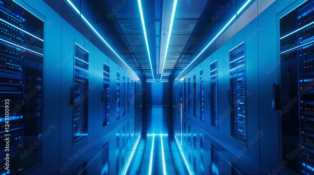 Sleek server hallway featuring glowing neon blue lighting, mirrored reflective floors, and advanced server infrastructure in a high-tech, modern design