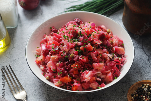 A bowl with Vinegret salad, a typical Russian dish photo