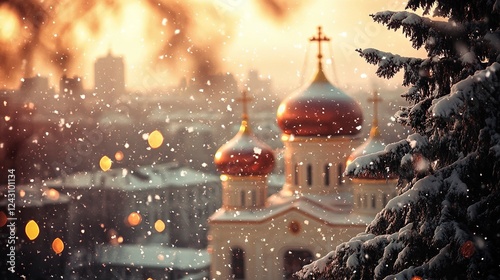 A photo of an Orthodox church in winter, with golden domes and a red roof, as snowflakes fall gently around it. The background is blurred with trees and buildings, creating depth.