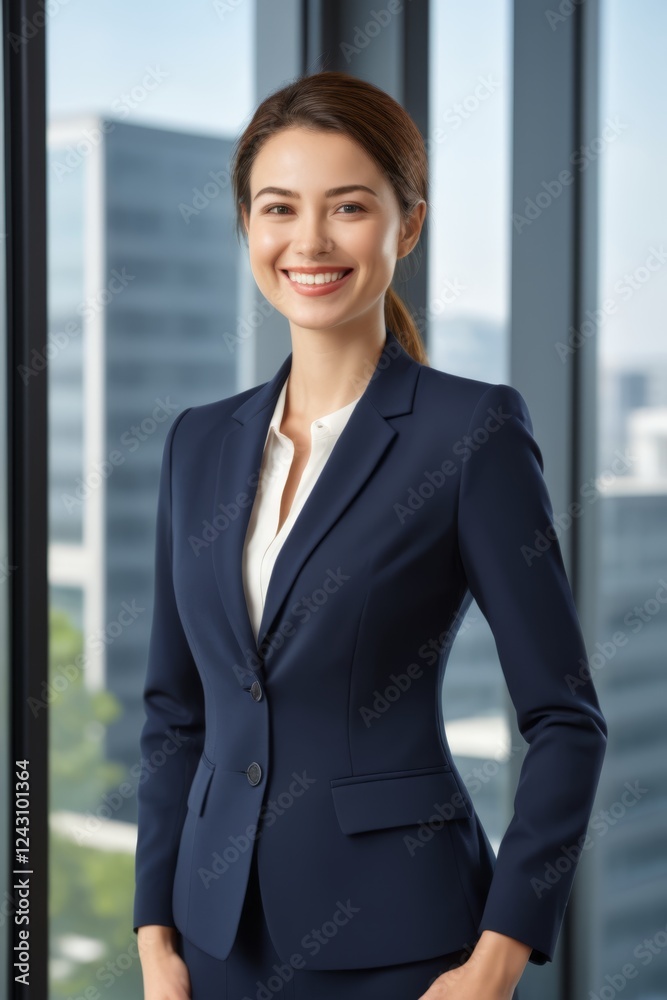 smiling business woman in a blue suit standing in front of a window