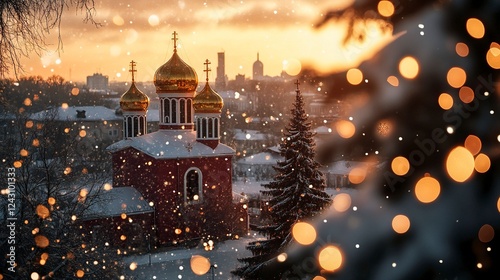 A photo of an Orthodox church in winter, with golden domes and a red roof, as snowflakes fall gently around it. The background is blurred with trees and buildings, creating depth.