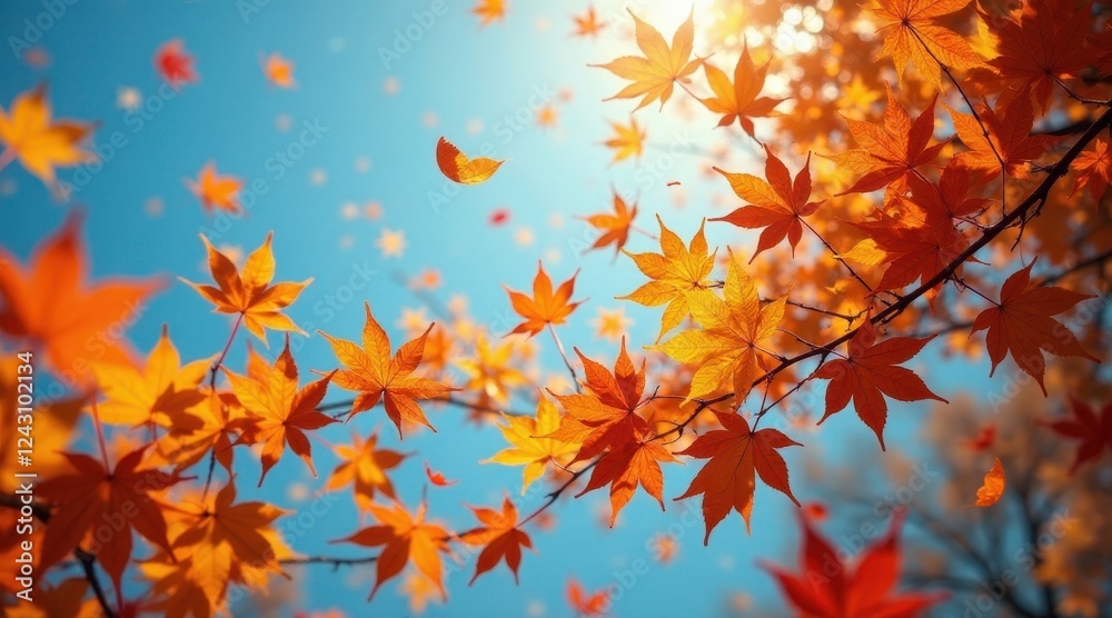 Autumnal Leaves Dance in a Sunny Sky, Bright Orange and Gold Hues Against a Vibrant Blue Autumnal Leaves Dance in a Sunny Sky, Bright Orange and Gold Hues Against a Vibrant Blue