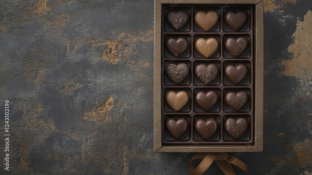 A Delightful Array of Heart-Shaped Chocolates, Exquisitely Arranged in a Luxurious Dark Box, Resting on a Sumptuous Gray Marble Surface, Evoking a Sense of Elegance and Indulgence