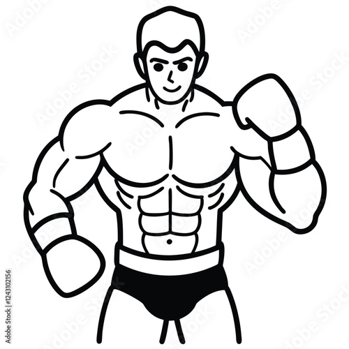 high-quality line-art illustration of a boxer in a fighting stance, wearing boxing gloves 