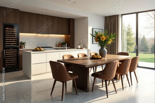 Modern kitchen and dining area with hardwood floors, sleek cabinetry, and sunlight streaming in through large windows