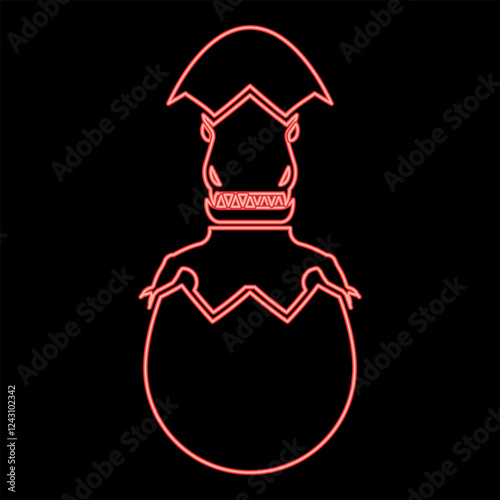 Neon evil dinosaur hatch from egg cracked eggshell red color vector illustration image flat style