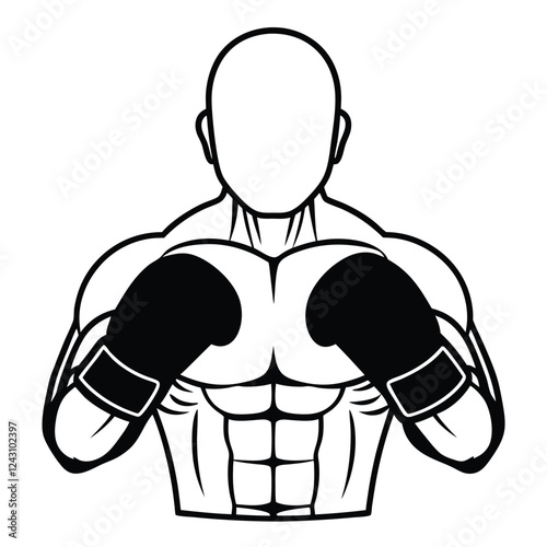 high-quality line-art illustration of a boxer in a fighting stance, wearing boxing gloves 