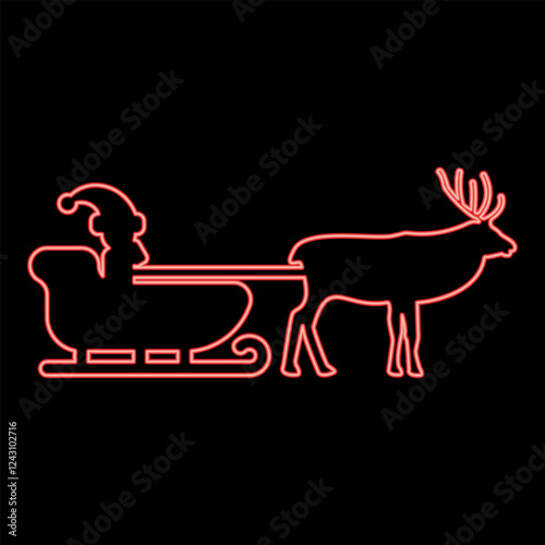 Neon santa Claus in a reindeer wagon chariot with sled red color vector illustration image flat style