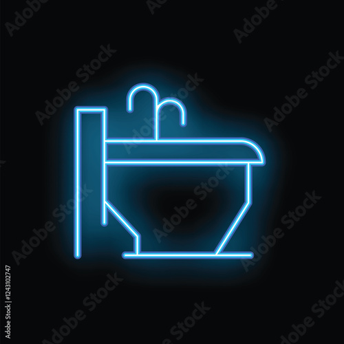 Blue neon sign of a modern empty hot tub with stairs, perfect for spa and wellness projects