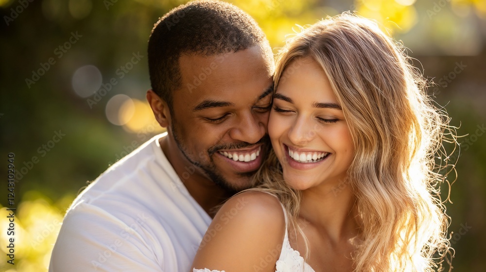 Interracial couple embracing in evening light. Perfect for relationship content, modern love stories, and authentic connection themes. Interracial couple embracing in evening light. Perfect for relationship content, modern love stories, and authentic connection themes.