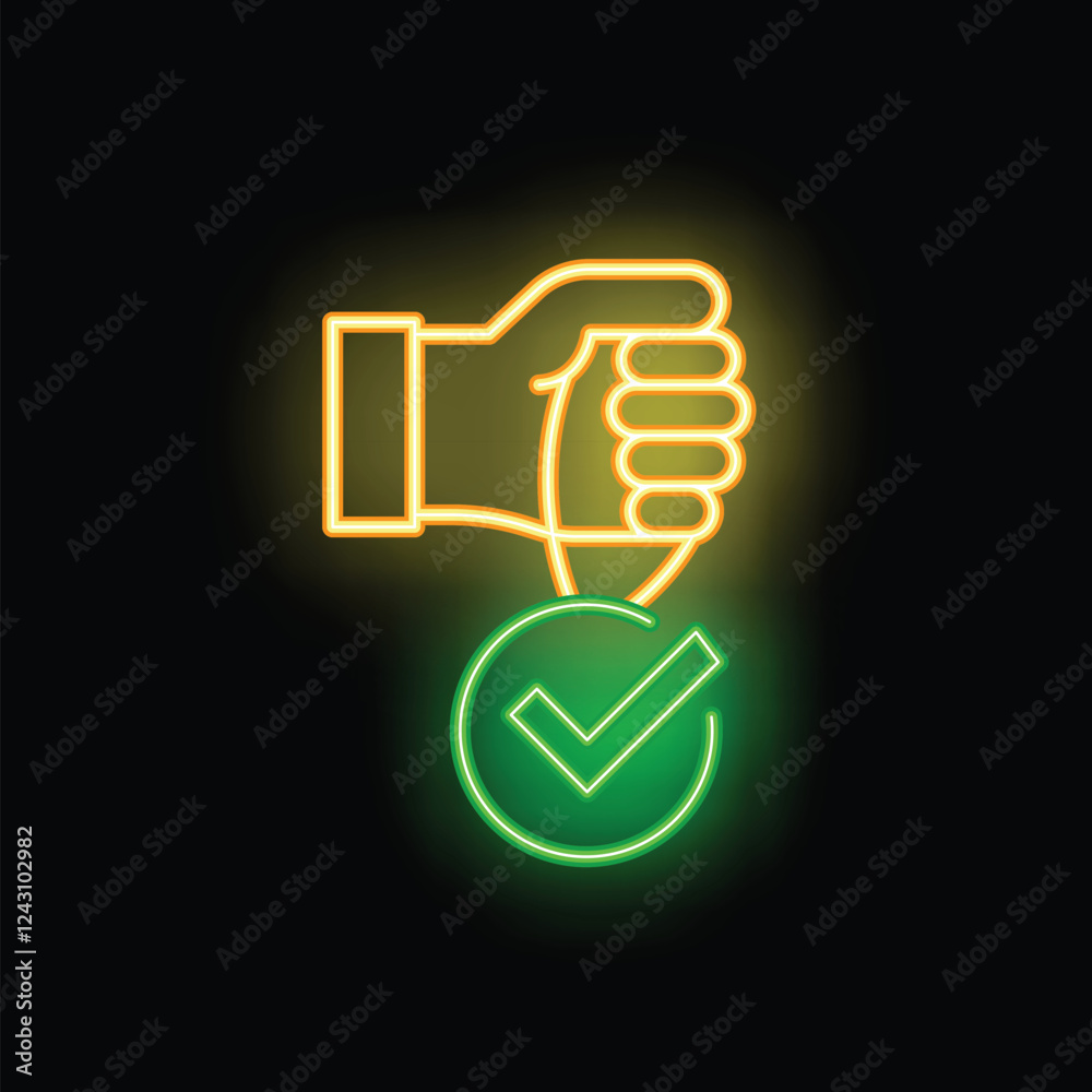 Glowing neon line icon of a hand holding a check mark, concept of validation or approval Glowing neon line icon of a hand holding a check mark, concept of validation or approval