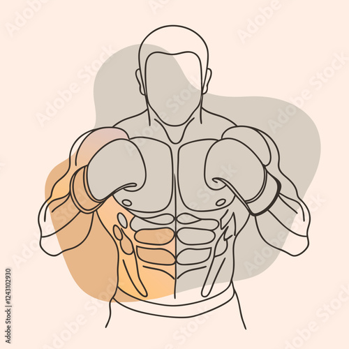 high-quality line-art illustration of a boxer in a fighting stance, wearing boxing gloves 