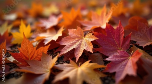 A ground covering of vibrant autumn leaves, showcasing a rich tapestry of reds and oranges, illuminated by a soft, natural light, creating a breathtaking seasonal display of nature's artistry.