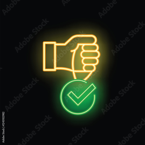 Glowing neon line icon of a hand holding a check mark, concept of validation or approval