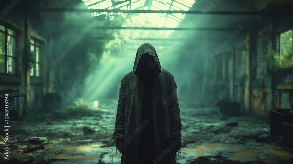 A hooded figure stands in the center of an abandoned warehouse, with rays of light filtering through the broken roof, creating an eerie and mysterious atmosphere A hooded figure stands in the center of an abandoned warehouse, with rays of light filtering through the broken roof, creating an eerie and mysterious atmosphere