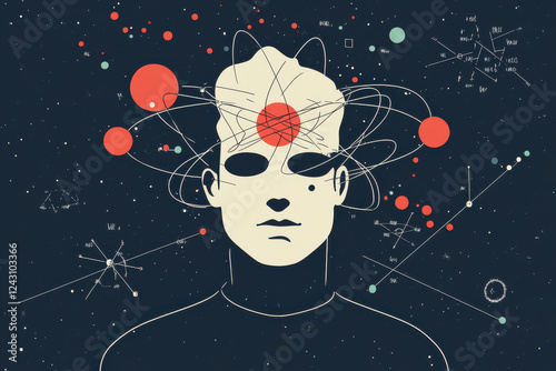 image features stylized representation of person with atomic model above their head, surrounded by celestial elements and scientific symbols, evoking themes of quantum physics and universe