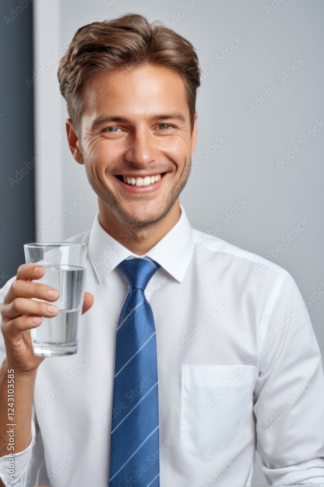 smiling man in white shirt and blue tie holding a glass of water smiling man in white shirt and blue tie holding a glass of water