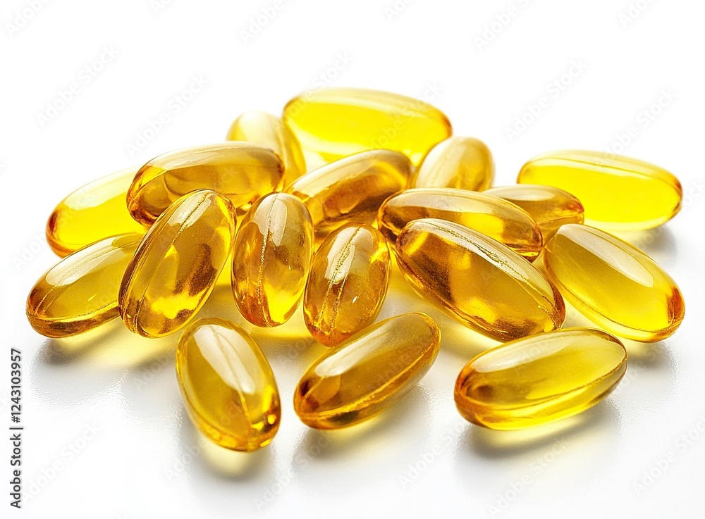 A pile of yellow fish oil softgels on a white background, captured in high-resolution photography. The professional photograph showcases the interplay of light and shadow, A pile of yellow fish oil softgels on a white background, captured in high-resolution photography. The professional photograph showcases the interplay of light and shadow,