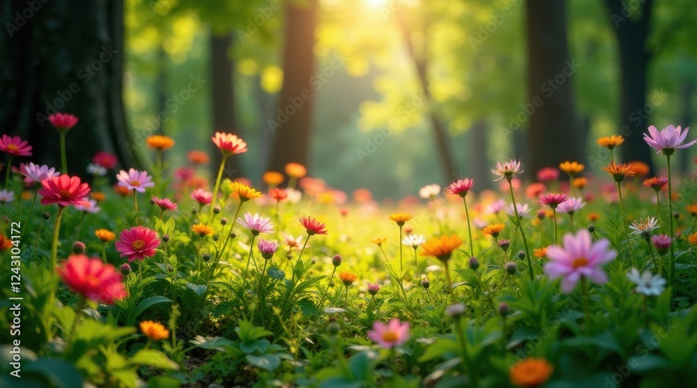 Obraz premium A sunlit meadow bursting with vibrant wildflowers, bathed in golden hour light, creating a serene and peaceful landscape of blooming flora