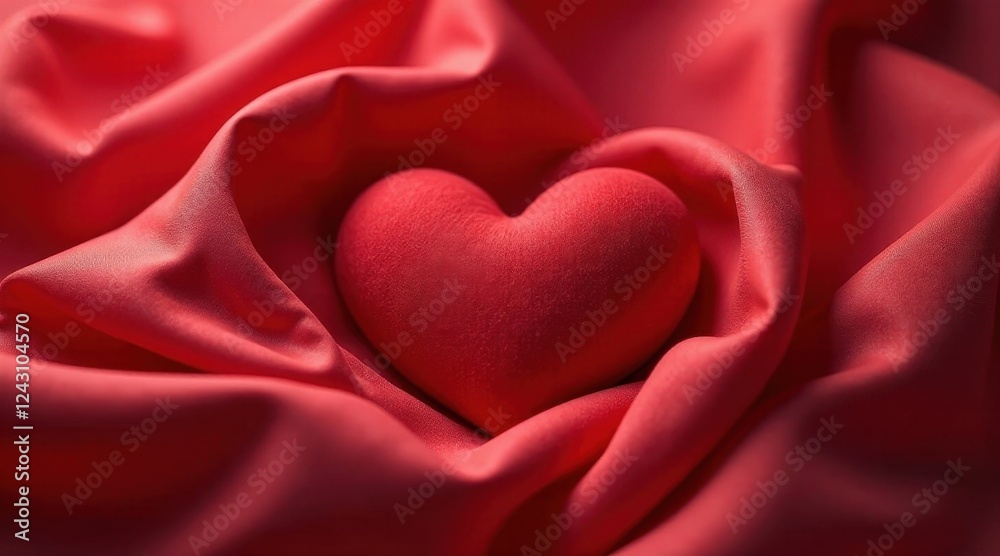 Crimson Heart Nestled in Soft Draped Fabric, a Symbol of Love and Passion Crimson Heart Nestled in Soft Draped Fabric, a Symbol of Love and Passion