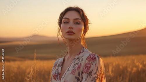 A beautiful woman in a floral dress stands in a golden field at sunset. The soft light enhances her serene expression and surroundings.