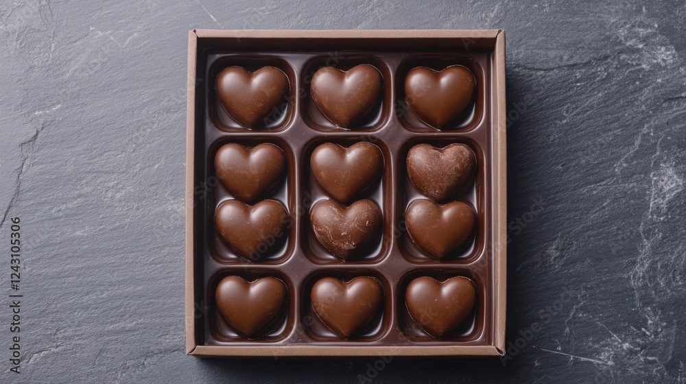 Obraz premium A Delightful Array of Heart-Shaped Chocolates, Exquisitely Arranged in a Luxurious Dark Box, Resting on a Sumptuous Gray Marble Surface, Evoking a Sense of Elegance and Indulgence