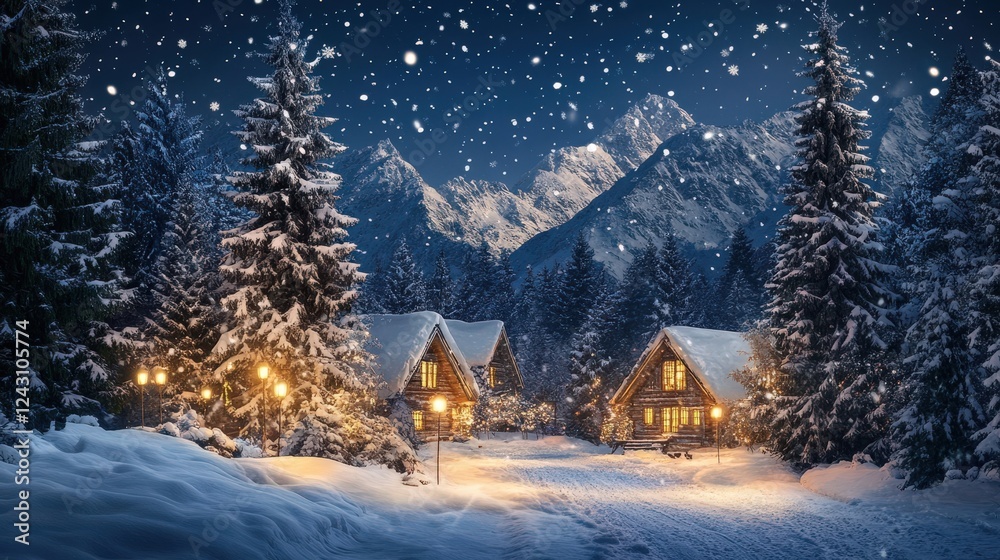 Naklejka premium Cozy Winter Cabins Surrounded by Snow-Covered Mountains and Softly Falling Snowflakes