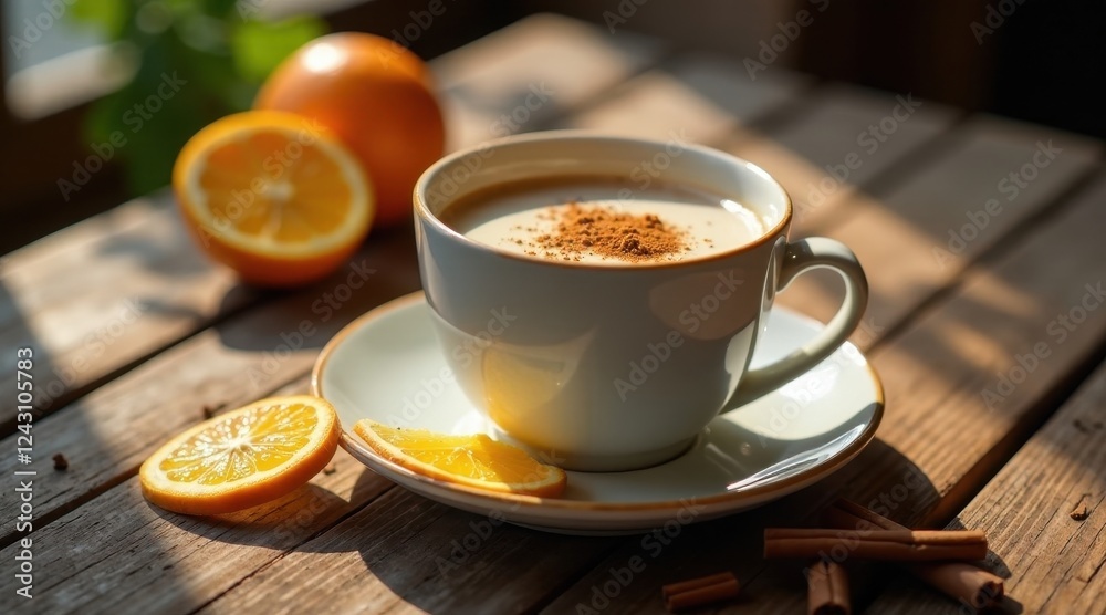 Warm Spiced Beverage with Citrus Slices on Rustic Wooden Table in Sunlight Warm Spiced Beverage with Citrus Slices on Rustic Wooden Table in Sunlight
