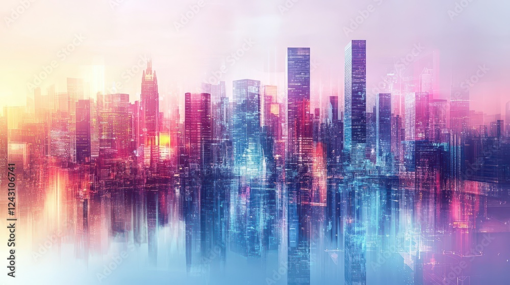 Panoramic view of a vibrant city skyline during sunset with buildings and colorful sky Panoramic view of a vibrant city skyline during sunset with buildings and colorful sky