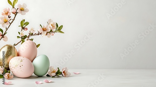 Easter day celebration with pastel tone easter eggs floral arrangement indoor setting photo