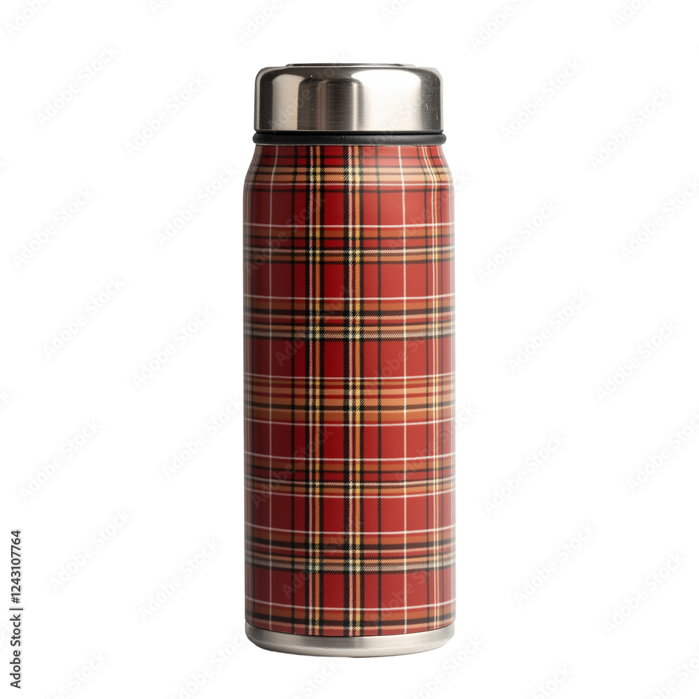 red thermos with plaid design isolated on transparent white background red thermos with plaid design isolated on transparent white background