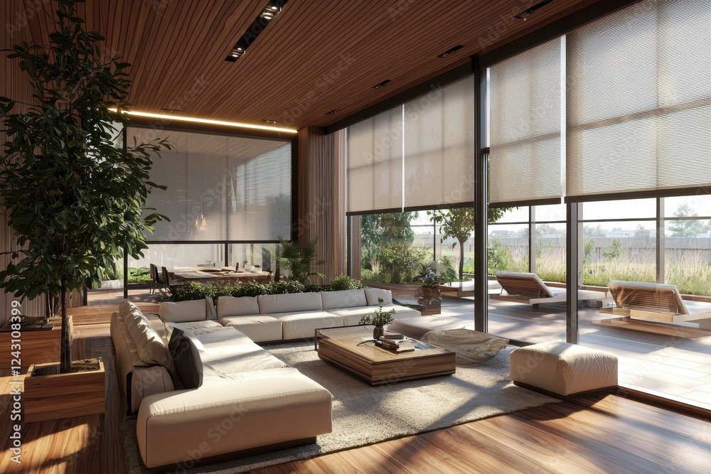 Fototapeta premium Wooden decorative panels enhance the aesthetics of the contemporary interior.