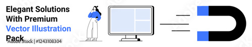 Magnet attracting attention to a website layout on a monitor while a woman observes with curiosity. Ideal for promotion, user engagement, SEO, lead generation, customer retention, digital strategy