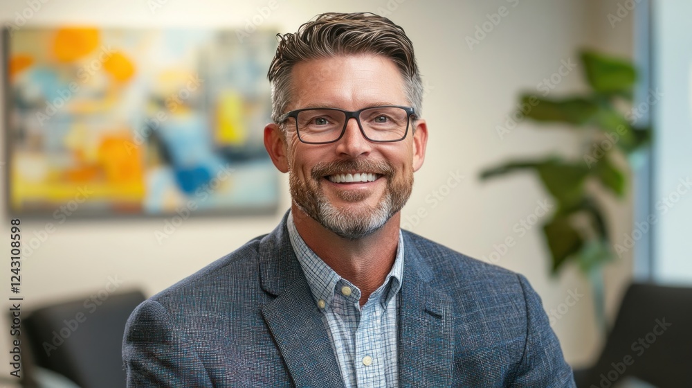 Naklejka premium A smiling man in a suit with glasses, seated in a professional office environment.